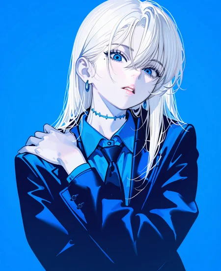<lora:johnC:1>,
(masterpiece), (best quality), (ultra-detailed), amazing quality, very aesthetic, illustration, perfect composition, intricate details, absurdres, incredibly absurdres, shiny skin, realistic,
 john, 1girl, solo, mole under eye, blending, blue background, mole, collared shirt, parted lips, shirt, simple background, stitches, long hair, hand on own shoulder, jacket, looking at viewer, blue theme, blue eyes, upper body, earrings, long sleeves, jewelry, limited palette, necktie, hair between eyes, hand up, white hair, general