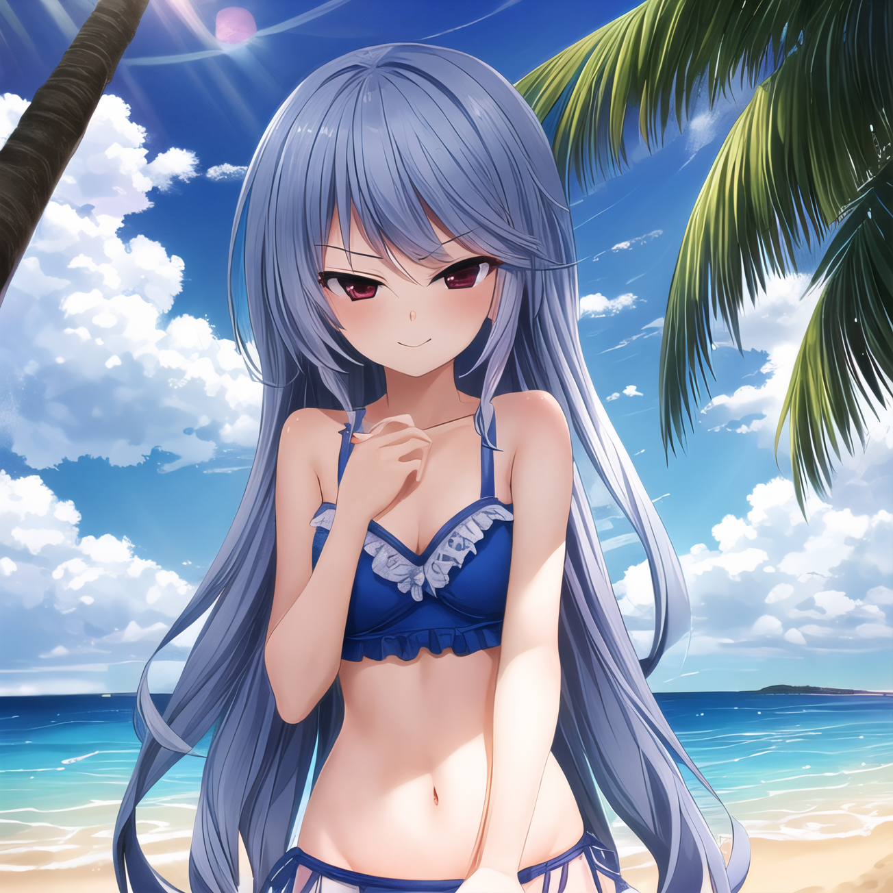 best quality, masterpiece, ultra-detailed, best quality, kazami kazuki, 1girl, long hair, silver hair, red eyes, bikini, beach, hands above head, Palms, smirk, smug