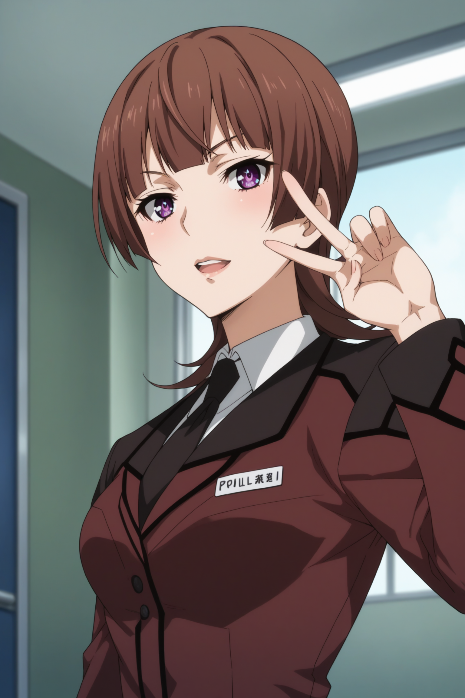 kazari asami, brown eyes, purple eyes, uniform, suit, military uniform, purple uniform, dark brown uniform, white shirt, collared shirt, jacket, closed jacket, dark brown necktie, skirt, pencil skirt, beige pantyhose, black highheels, <lora:Asami_Kazari:0.8>, score_9, score_8_up, score_7_up, score_6_up, score_5_up, source_anime, rating_safe, medium breasts, indoors, police office, 1girl, solo, looking at viewer, <lora:age_slider_v4:3>, (upper body:1.3), standing, v-shaped eyes, dynamic pose