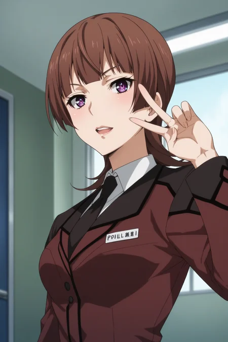 kazari asami, brown eyes, purple eyes, uniform, suit, military uniform, purple uniform, dark brown uniform, white shirt, collared shirt, jacket, closed jacket, dark brown necktie, skirt, pencil skirt, beige pantyhose, black highheels, <lora:Asami_Kazari:0.8>, score_9, score_8_up, score_7_up, score_6_up, score_5_up, source_anime, rating_safe, medium breasts, indoors, police office, 1girl, solo, looking at viewer, <lora:age_slider_v4:3>, (upper body:1.3), standing, v-shaped eyes, dynamic pose