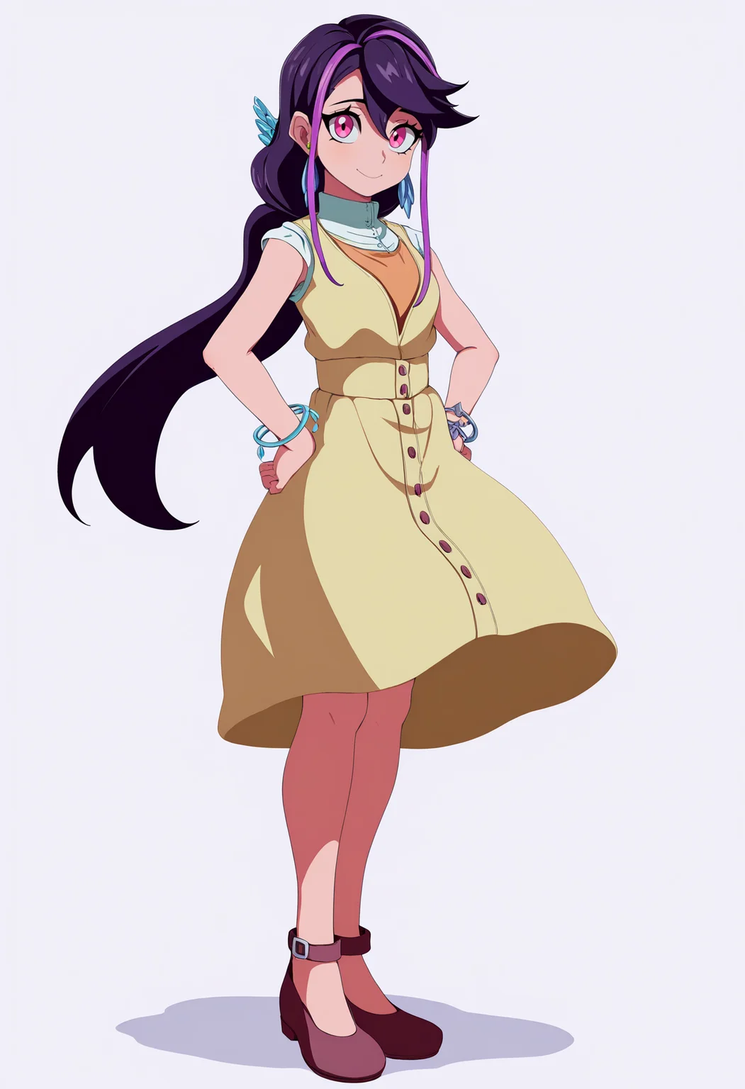 best quality, amazing quality, very aesthetic, absurdres, thick lineart,
1girl, luluobsidian, purple hair, long hair, two-tone hair, pink eyes, hair ornament,
earrings, low ponytail,
dress, bracelet, sleeveless,
standing, full body, hands on hips,
smile, solo, looking at viewer, (simple background, white background:1.3), <lora:LuluObsidianNoobXL_byKonan:1>