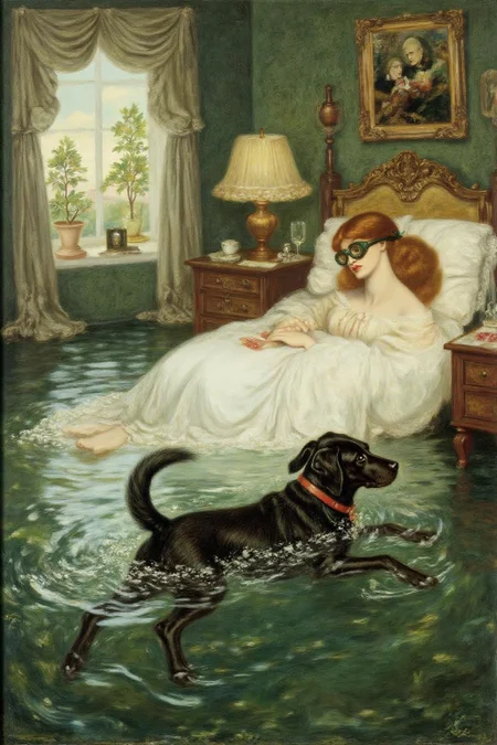 dgr painting.
A late 19th-century Victorian era scene inside elegant room.
 a woman and her dog swimming in a bedroom completely filled with water. The room's furniture, including a bed, nightstand, and lamp, is all submerged, creating an otherworldly underwater environment. The woman, wearing goggles, her head half submerged, with her hair floating freely in the water, moves gracefully as she glides past the submerged bed, her dog swimming energetically by her side. The dog's tail wags as it paddles through the water, clearly enjoying this unexpected adventure. Soft light filters through the water, casting gentle ripples and reflections across the room, adding to the dreamlike atmosphere of the scene  
  <lora:dgr1_cap_d6a3e8:1.0><lora:819488114071329213:0>