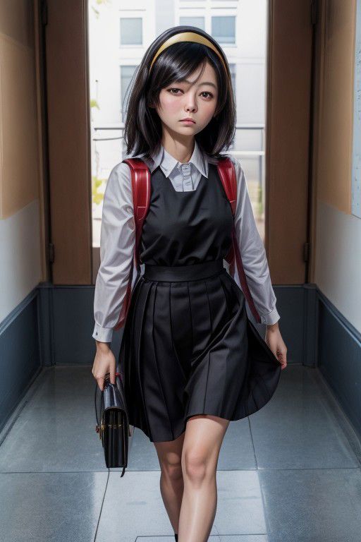Photo of nishimura akane, (masterpiece,best quality:1.2), black hair, hair over one eye, hairband, medium hair, sanpaku, orange headband, dress, randoseru, school uniform, backpack, bag, bag charm, black dress, skirt, black skirt, solo, glowing_bright, Artstation, HD, Deviantart, by WLOP,