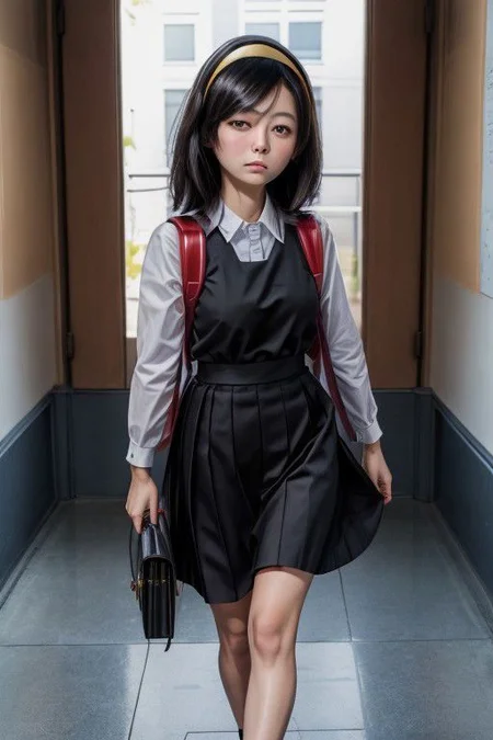 Photo of nishimura akane, (masterpiece,best quality:1.2), black hair, hair over one eye, hairband, medium hair, sanpaku, orange headband, dress, randoseru, school uniform, backpack, bag, bag charm, black dress, skirt, black skirt, solo, glowing_bright, Artstation, HD, Deviantart, by WLOP,