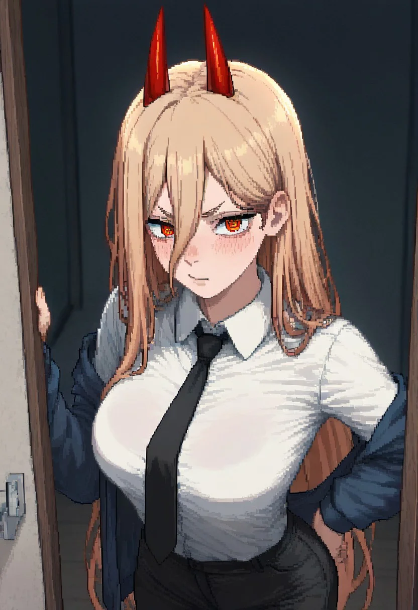masterpiece, best quality, newest, absurdres, highres, PCSVIL-V1.0, pixel art, 1girl, power \(chainsaw_man\), demon horns, long hair, blonde hair, very long hair, red horns, black necktie, horns, cross-shaped pupils, shirt,