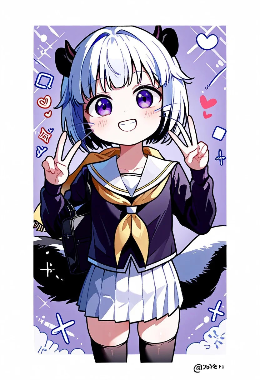 score_9, score_8_up, score_7_up, score_6_up, score_5_up, score_4_up,, 1girl, solo, original anime, Teru Anamitsu (hair: Withe hair, short, two-tone), skunk tail, flat chest, chibi(purple eyes: 1.3).
Skirt, pleated skirt, serafuku, white skirt, shirt, purple shirt, sailor collar, white sailor collar, long sleeves, scarf, yellow scarf, black stockings, knee-high socks.
<lora:purikura-ponyxl-lora-nochekaiser:1> purikura, looking at viewer, blush, smile, teeth, heart, sparkle, white border, drawn hearts, drawn whiskers, drawn ears, drawn horns, face filter, drawn wings, drawn tail, peace sign, photo (object), solo, cowboy shot, dutch angle