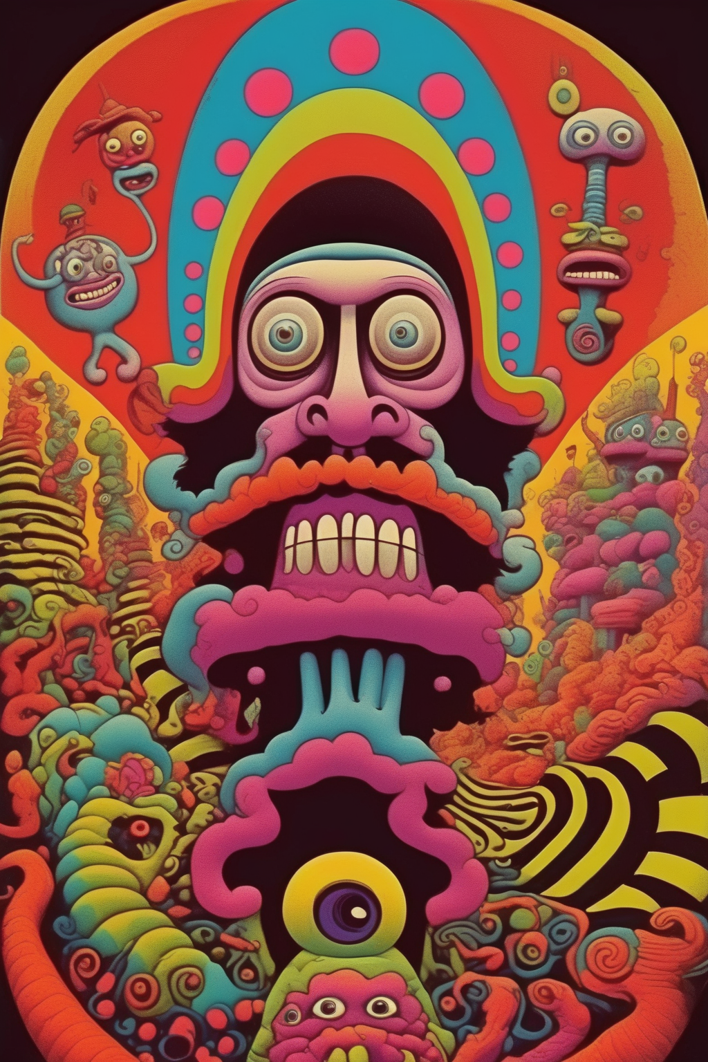 <lora:Victor Moscoso Style:1>Victor Moscoso Style - snowspiria cartoon character comic underground comix grunge punk psychedelic pop surrealism flat 2d minimalist design jim woodring