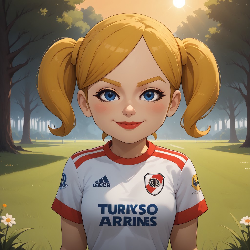 score_9, score_8, BREAK, solo, wii, mii, wii sports, 1girl, female mii, blue eyes, blush, blonde hair, blonde eyebrows, twintails, RiverPlate, striped shirt, striped, shirt, white shirt, short sleeves, clothes writing, sportswear, soccer uniform, white pants, sneakers, nintendo mii, modern_mii, classic_mii, pavika_\(\\oc_mii\\\), breasts, lips, sexy pose, self portrait, smile, outdoors, sunlight, shadows, evening lighting, natural lighting, forest, trees, grass, orange sky, sunset