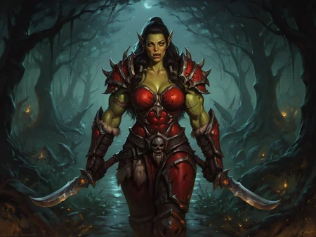adult woman, orc, curvy, yellow eyes, green skin, muscular female, black hair, long hair, red armor, standing, holding sword, black forest, night, outdoors, <lora:WorldOfWarcraftXL:0.8>, BREAK score_9, score_8_up, score_7_up, score_6_up, score_5_up, score_4_up