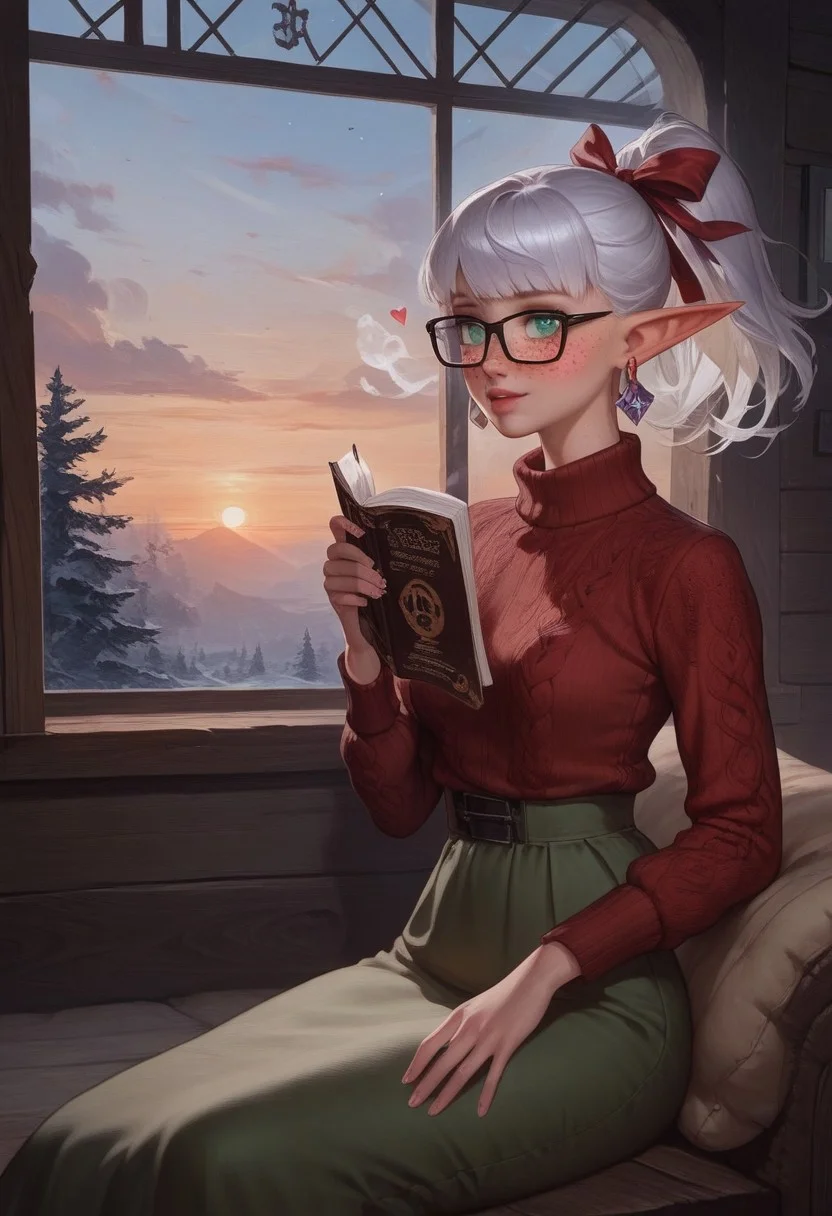 score_9, score_8_up, score_7_up, score_6_up, score_5_up, score_4_up, (hyperdetailed photography:1.5),( soft lighting:1.5), (bright lighting:1.5), (flat lighting), perfect face, 1girl,(floating hearts:2), (cowboy shot), (detailed background), detailed face, BREAK,
(2girls), (multiple girls:1.5), sisters, (glowing green eyes:1.5), bright eyes, (platinum hair:1.6), (high wavy ponytail:2), (hair ribbon:2), (asymmetrical bangs), (feathered bangs:1.7), wavy hair, (freckles:2.2),( elf ears:1.5),( elf girl:1.5), (steamy breath:2), (blushing:1.4), (very pale skin), (happy:1.5), (yandere), (loving expression), (hourglass figure), (wide hips), small waist, slender, petite, BREAK, (lace choker:1.5), (rectangular glasses:1.6),(diamond earrings:1.5), (long sleeved sweater:1.5), (long skirt:1.5), lip gloss, BREAK,
Sitting on couch, reading book, holding book,
Indoors, living room, (log cabin), window, snowy landscape in window, beautiful curtains, couch, cherry blossoms, , daytime, (beautiful sky:1.5), (colorful sky:1.5), (sunny day:1.5), (modern cabin:1.5),
