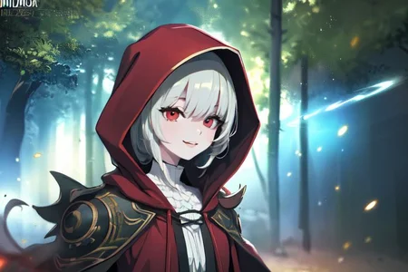 (masterpiece:1.4), 4K8K, (anime style), (high shutterspeed:1.4), (sharp edges), 
SyFyEye1, FanFo, upper body, 
woman leaning foward, smile, closed mouth, wearing red hooded cloak, linen dress, red eyes, 
(Detailed face, Detailed eyes, Detailed lips), (solo), 
Fantastic Forest at fantasy, Fantastic,