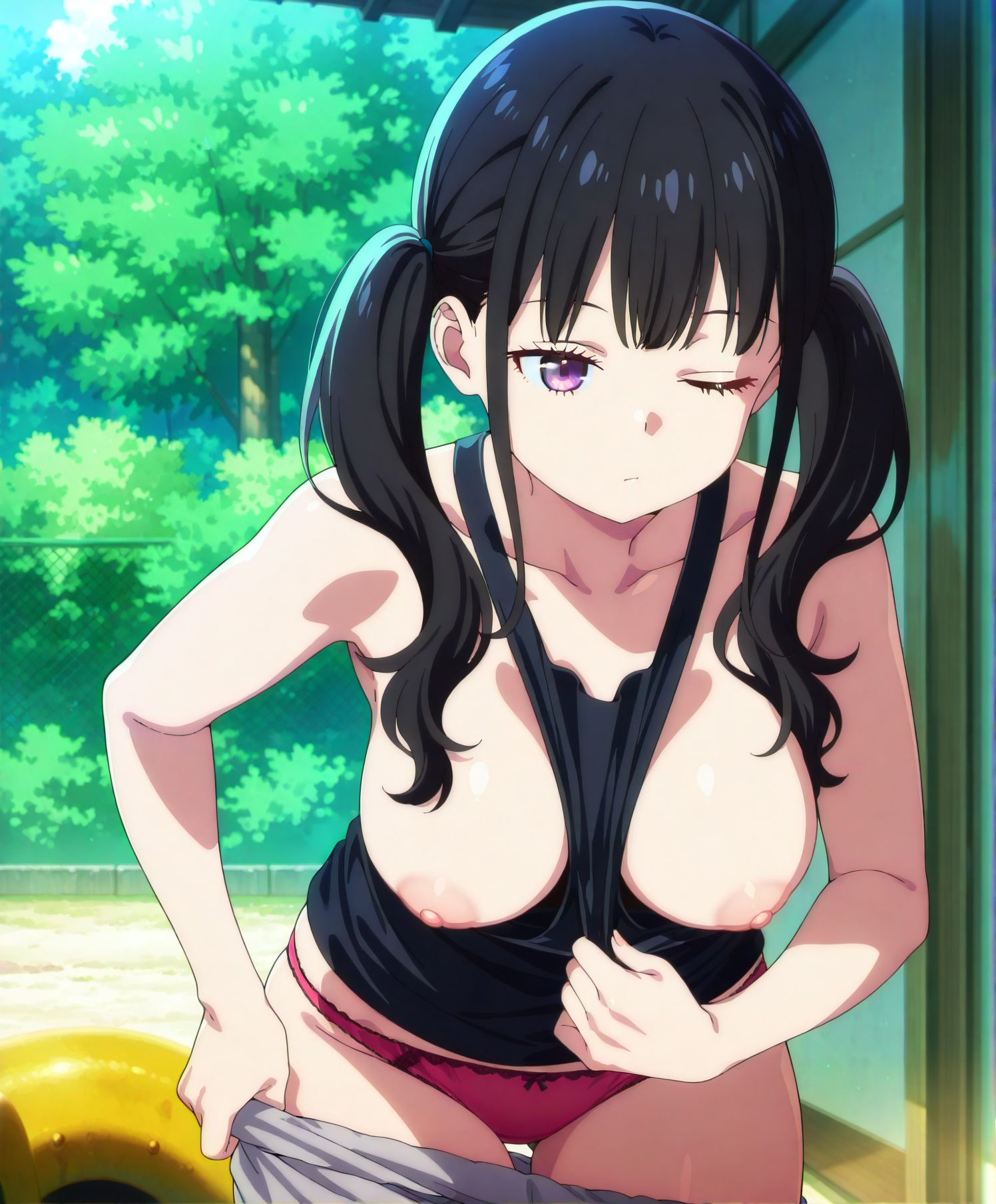 <lora:add-detail-xl:0.5>,masterpiece, best quality, newest, absurdres, highres, detailed eyes, beautiful, detailed background, perfect eyes, anime coloring, anime screencap,
<lora:flashing_breasts_Illustrious-000039:0.5>flashing_breastsV1,
wink,  breasts,tank top squeeze,tank top, nipples, sleeveless, topless, 
panties,cowboy shot,(pulling down the hem of the tank top:1.2),
(tank top between breasts), bare shoulders, resting her hand on her ribcage,
official art, 
<lora:Inuoe_Takina:1>, takina, black hair, twintails, purple eyes, japanese clothes, rolled up sleeves, , lycoris recoil, 
20 YO,milf,adult,