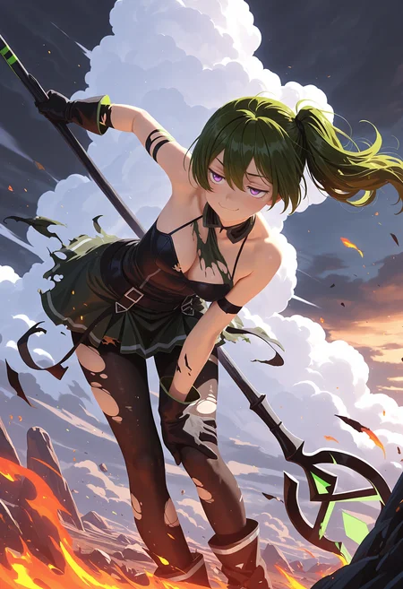 masterpiece,best quality,absurdres,very aesthetic,highres,very awa,(no lineart:1.3),1girl,ubel,green hair,purple eyes,smug,holding staff,fighting stance,leaning forward,wind,cloud,torn clothes,burnt clothes,torn legwear,<lora:Dramatic Lighting Slider:5>,<lora:Smooth_Booster_v2:0.3>,