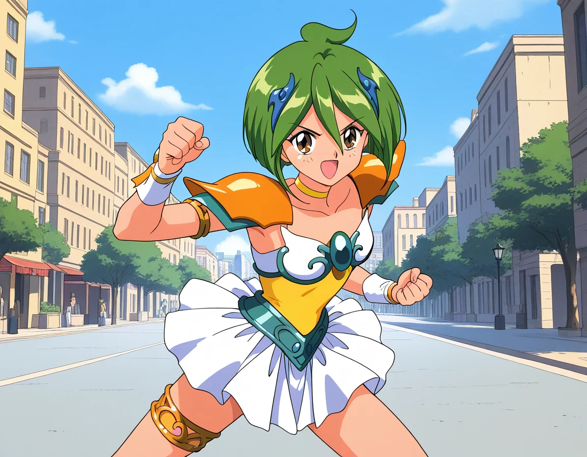 general,highres, ultra-detailed,very aesthetic,best quality ,best hands,  BREAK <lora:Tamano_Hinagiku_IS:1> Tamano_Hinagiku, 1girl,solo, green hair, short hair, brown eyes, hair between eyes, 1990s (style),anime coloring,
solo, green eyes, smile, skirt, choker, looking at viewer, armor, armlet, jewelry, magical girl, thighlet, ahoge, outdoors, white skirt, shoulder armor, pauldrons, day, hair ornament, collarbone, shoulder pads,
serious face, fighting, punch, open mouth,
city, outdoor, day, sky,