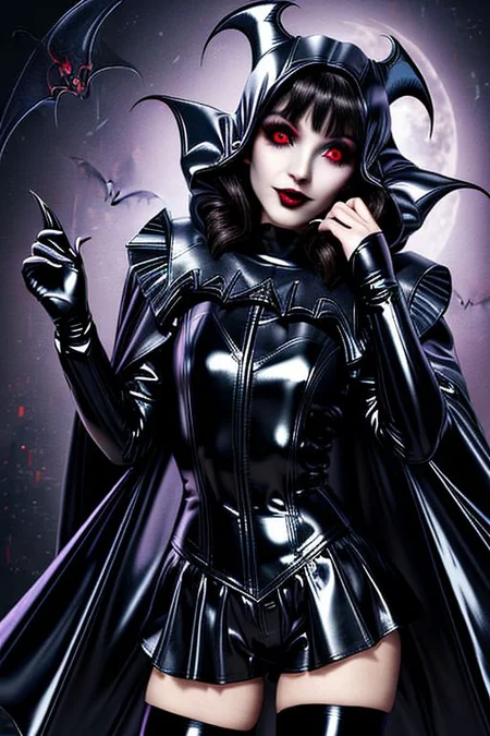 MEvil, EvlSM, Bad_End_Precure, DarkPrecure, adult, evil corrupted princess wearing dark pastel (ruffled:1) (gleaming latex:1) (sailor senshi uniform) with (long latex vampire cloak:1.5) and latex gauntlets, soft lighting, ruffles,
( long legs, crescent, crescent facial mark, makeup, lipstick, mascara, eyeshadow),
(red eyes, colored skin, glowing eyes, evil smile),
(vmpr),
<lora:more_details:0.5>,