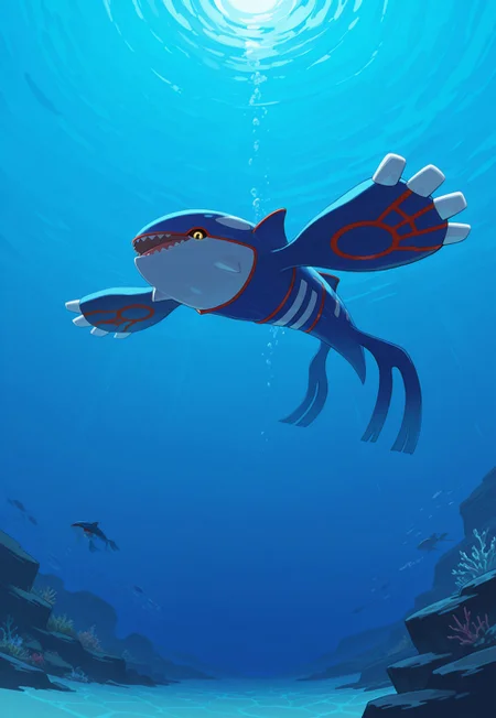 score_9, score_8_up, score_7_up, masterpiece, best quality, very aesthetic, absurdres, amazing quality, high resolution, ultra-detailed, volumetric lighting, newest, scenery, perspective, PKMN_Kyogre, 1other, solo, pokemon focus, yellow eyes, black sclera, red body markings, blue skin, open mouth, sharp teeth, underwater, ocean