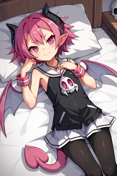 score_9, score_8_up, score_7_up, score_6_up, BREAK, RaspberylD3XL, slit pupils, pink eyes, pink hair, short hair, pointy ears, black horns, tail, flat chest, wings, necklace skull, bare shoulders, white sailor collar, black dress, pink wrist cuffs, white skirt, black pantyhose, solo, lying on bed, seductive smile, looking at viewer, indoors <lora:RaspberylD3XL:0.8>