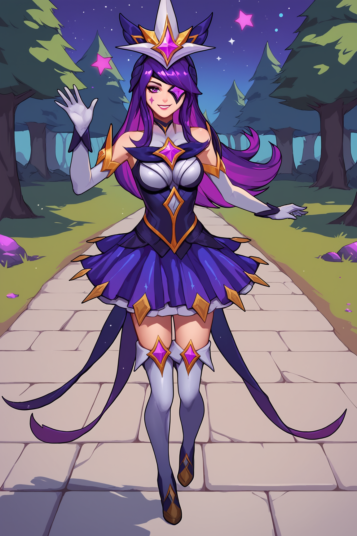 score_9, score_8_up, score_7_up, score_6_up, BREAK, SyndraSGXL, facial mark, purple eye, eyepatch, purple hair, long hair, sidelocks, bangs, hair ornament, medium breasts, star, (symbol), star guardian (league of legends), bare shoulders, purple dress, white elbow gloves, purple skirt, , white thighhighs, white boots, solo, full body, standing, waving, seductive smile, looking at viewer, forest, tree  <lora:SyndraSGXL:0.9>