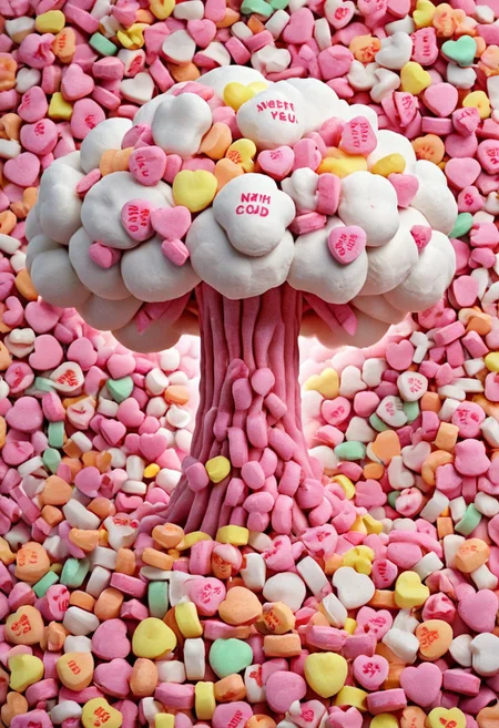 Masterpiece, high detail,high resolution, best quality,
A nuclear mushroom cloud made from candy hearts, kitchen background, detailed background,
flux-style