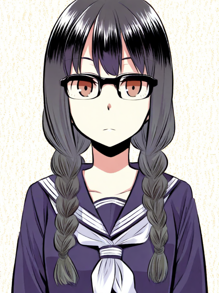 score_9, score_8_up, score_7_up,  
1girl, yoshida saki, black hair, long hair, twin braids, glasses, brown eyes, looking at viewer, upper body, serafuku, school uniform, closed mouth, expressionless, white background, 