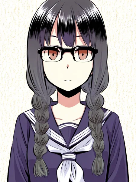 score_9, score_8_up, score_7_up,  
1girl, yoshida saki, black hair, long hair, twin braids, glasses, brown eyes, looking at viewer, upper body, serafuku, school uniform, closed mouth, expressionless, white background, 