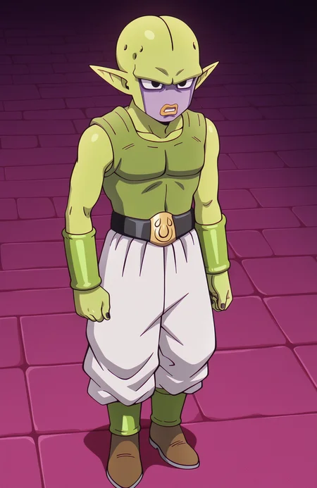 <lora:Daima_v4:1> dbdaima, solo, male focus, lazypos, anime screenshot,
1boy, kuu, slender, petite, green skin, purple face, big lips, pointy ears, black nails, no nose, bald, black eyes, green vest, green bracer, white pants, baggy pants, black belt, brown footwear