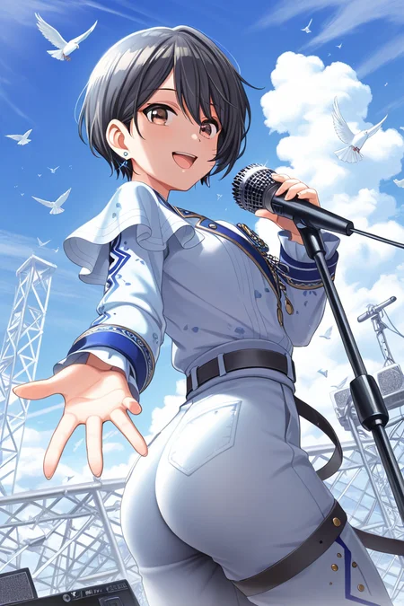 masterpiece, best quality, amazing quality,
<lora:Aoi_IL:1> aoi, 1girl, solo, short hair, microphone, earrings, sky, jewelry, bird, black hair, smile, pants, ass, cloud, looking at viewer, blue sky, open mouth, brown eyes, day, holding microphone, belt, outdoors, holding, microphone stand, long sleeves