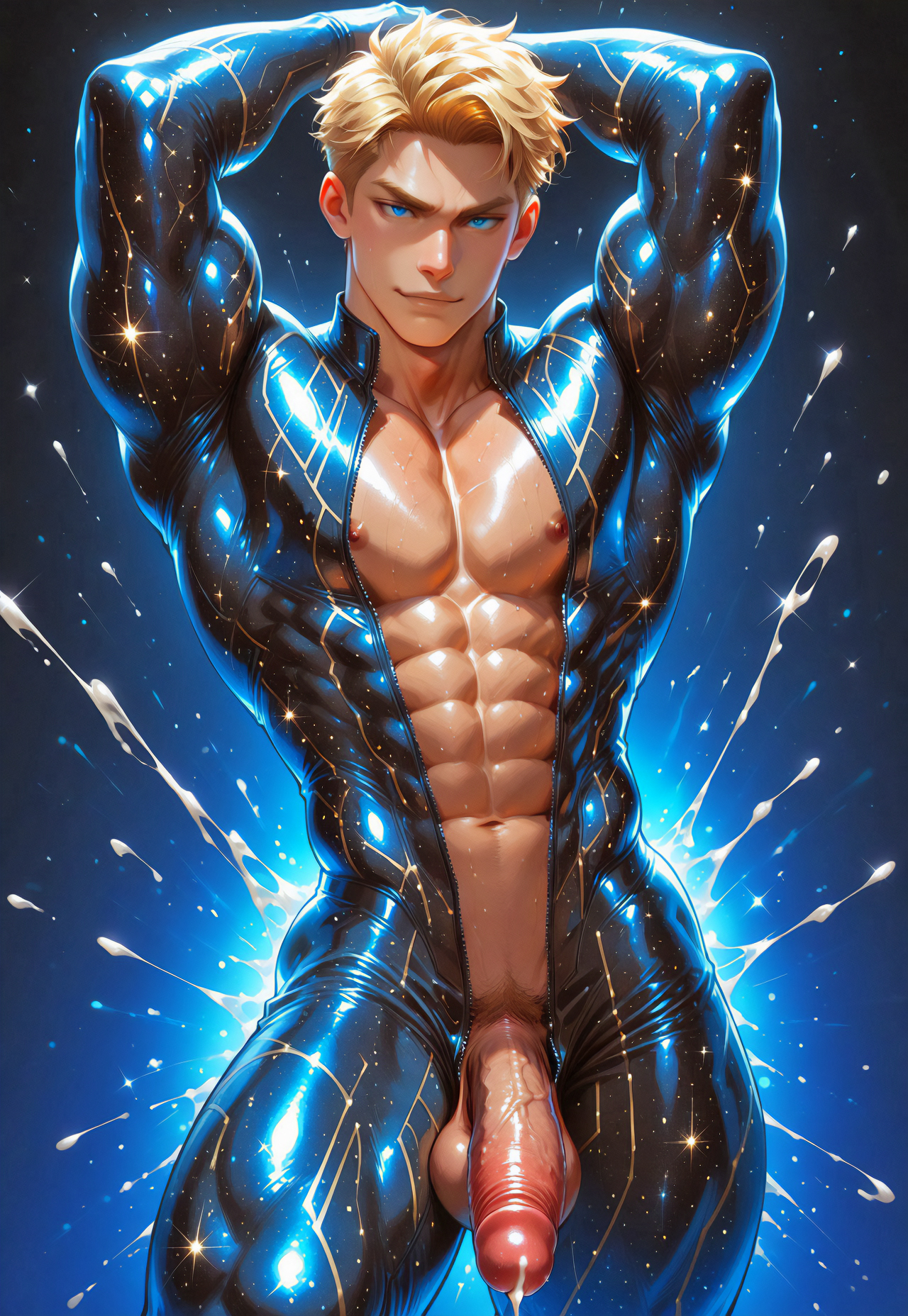 cowboy shot, full-length portrait, front view, 3/4 shot, zoomed out,

rating_explicit, best quality, highly detailed, ultra high quality, masterpiece, high res, vivid color, high saturation,

1boy, male focus, sexy, bara, solo,
Blonde hair,

black glitter bodysuit, plunging neckline, starry_morph black glitter bodysuit, unzipped,

Dynamic pose, dancing, dynamic angle, Dutch angle, looking at viewer, seductive face,

male, 18 years old, soft face, massive pectorals, muscular body, wide shoulders, slim waist, tiny waist, large bulge, lean butt, skindentation, muscular body, tiny waist, narrow waist, micro waist, solo,

simple background, room