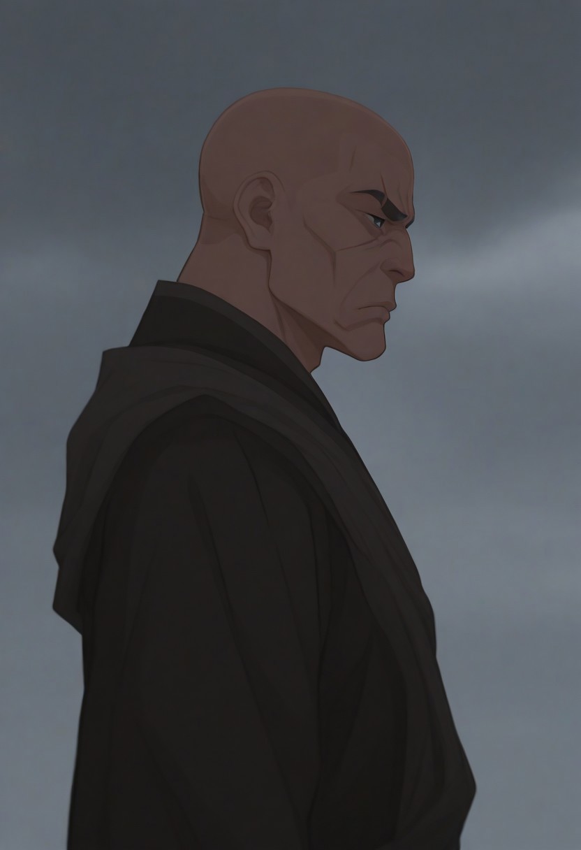 zahezahe, solo, 1boy, closed mouth, upper body, male focus, outdoors, sky, cloud, black eyes, from side, profile, frown, scar, cloudy sky, robe, serious, bald, animification, manly, grey sky, monk, scar on face