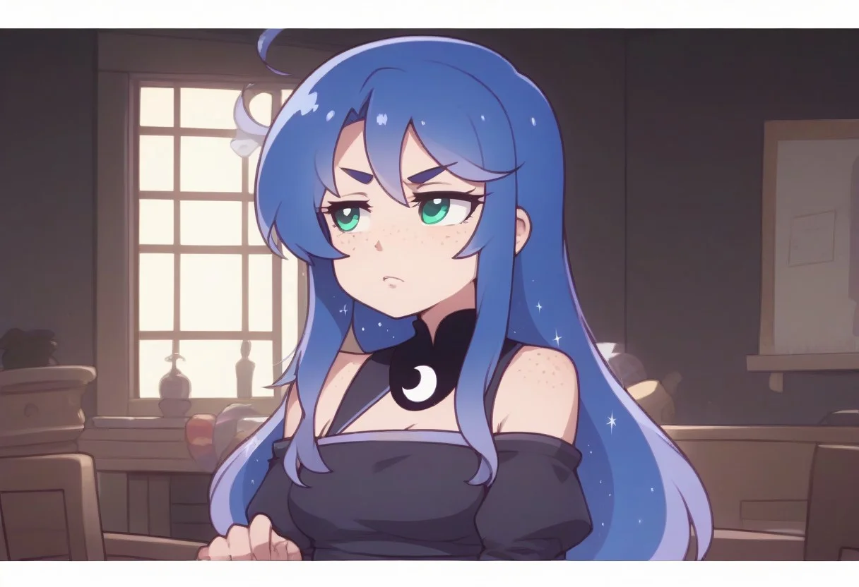 score_9, score_8_up, score_7_up, score_6_up, (humanized, human), 1girl,, (princess luna), blue hair, , long hair, ((freckles)), anatomically correct, medium breasts, dark background, photo_realistic:1.5, fully clothed, high resolution, ,serious face, lidded eyes, looking out window, in a bedroom, night time, soft glow, moonlit room, big eyes, elegant dress, blue and black dress, armored dress, looking away, sitting in a chair, legs crossed, chin resting on hand, elbow on table, full body, front view, exposed shoulders, detailed dress, freckles on shoulders