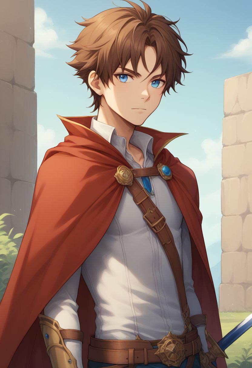 score_9, score_8_up, source_anime, highly detailed, 1boy, solo, skinny,
bartz, 1boy, weapon, sword, male focus, brown hair, short hair, solo, blue eyes, cape, red cape,
outdoor, upper body,