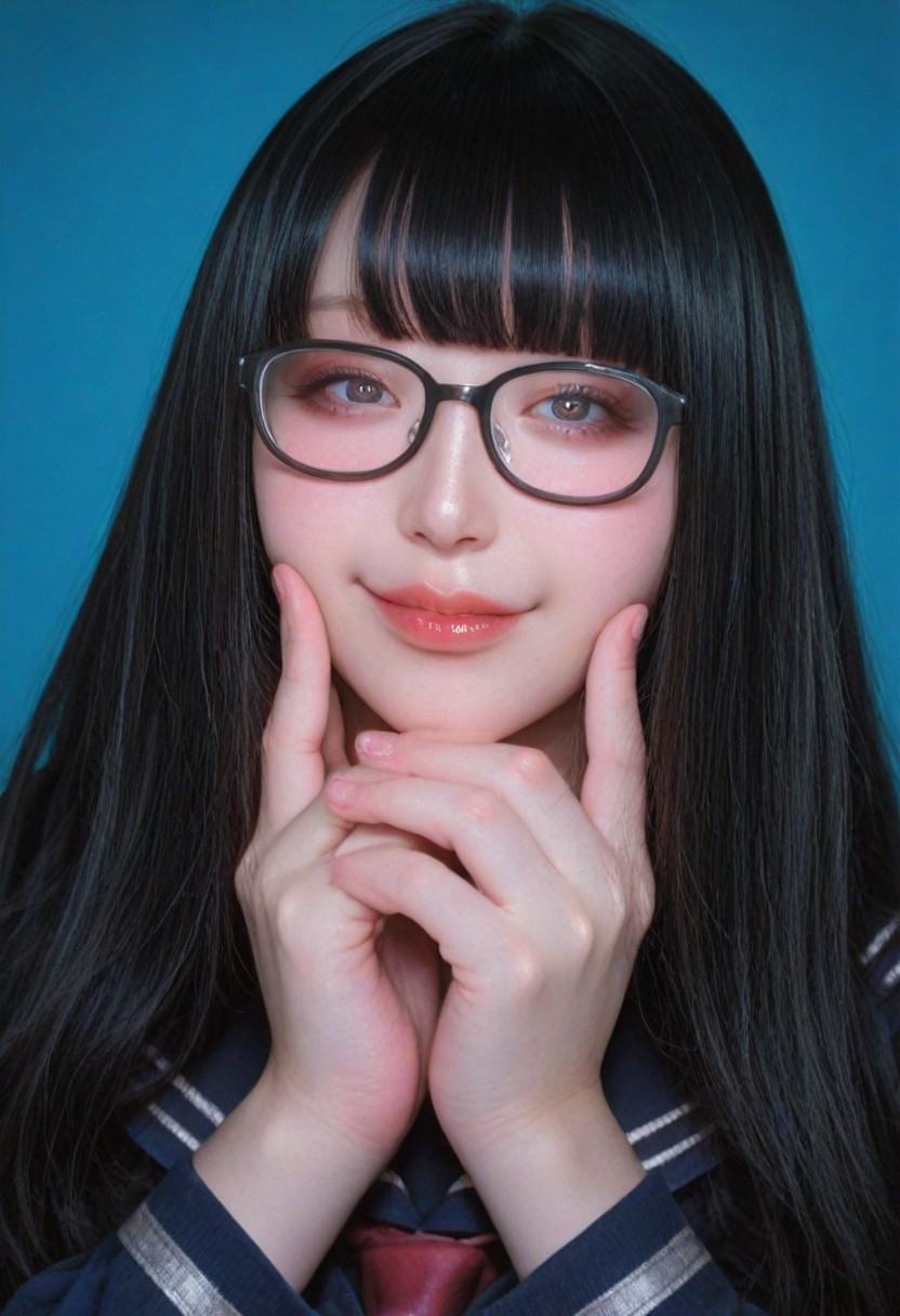 raytracing, very awa, high resolution, official art, realistic, masterpiece, best quality, (simple blue background), (Low brightness lighting), film grain, Film Still, realistic,photorealistic, super detailed skin, realistic skin, realistic human skin, Realistic skin tones, Three-dimensional skin, kawaii girl, jiraikei face, (18-year-old), (Korea Cosplayers), (Taiwan Cosplayers), (Japanese Cosplayers), 
BREAK 
 virtual youtuber, hololive, nijisanji.jp, school uniform,sailor suit,Black hair, black-rimmed glasses,long hair, (half-closed eyes:0.5),nerdy girl,, (by synecdoche, by nekoguchi:0.7), dark-eyed,seductive smile
BREAK 
Gwen
BREAK