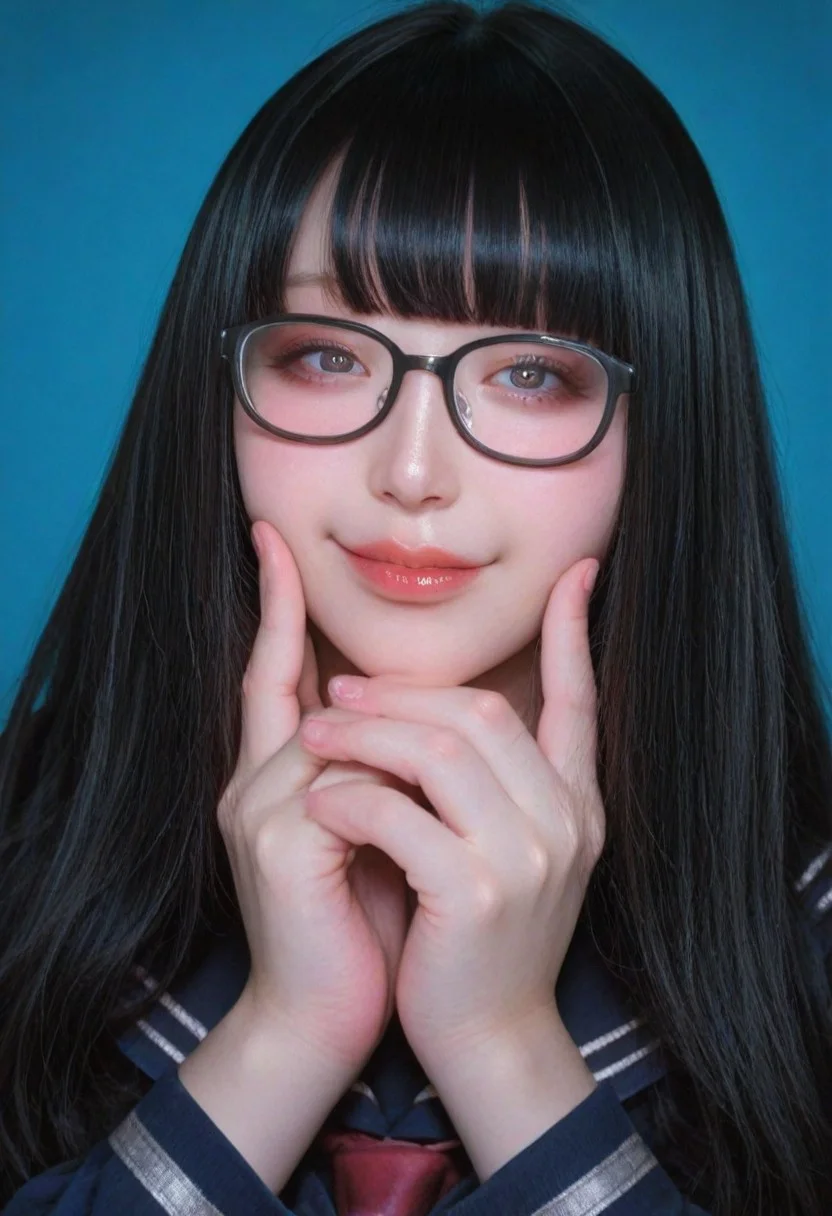 raytracing, very awa, high resolution, official art, realistic, masterpiece, best quality, (simple blue background), (Low brightness lighting), film grain, Film Still, realistic,photorealistic, super detailed skin, realistic skin, realistic human skin, Realistic skin tones, Three-dimensional skin, kawaii girl, jiraikei face, (18-year-old), (Korea Cosplayers), (Taiwan Cosplayers), (Japanese Cosplayers),
BREAK
virtual youtuber, hololive, nijisanji.jp, school uniform,sailor suit,Black hair, black-rimmed glasses,long hair, (half-closed eyes:0.5),nerdy girl,, (by synecdoche, by nekoguchi:0.7), dark-eyed,seductive smile
BREAK
Gwen
BREAK