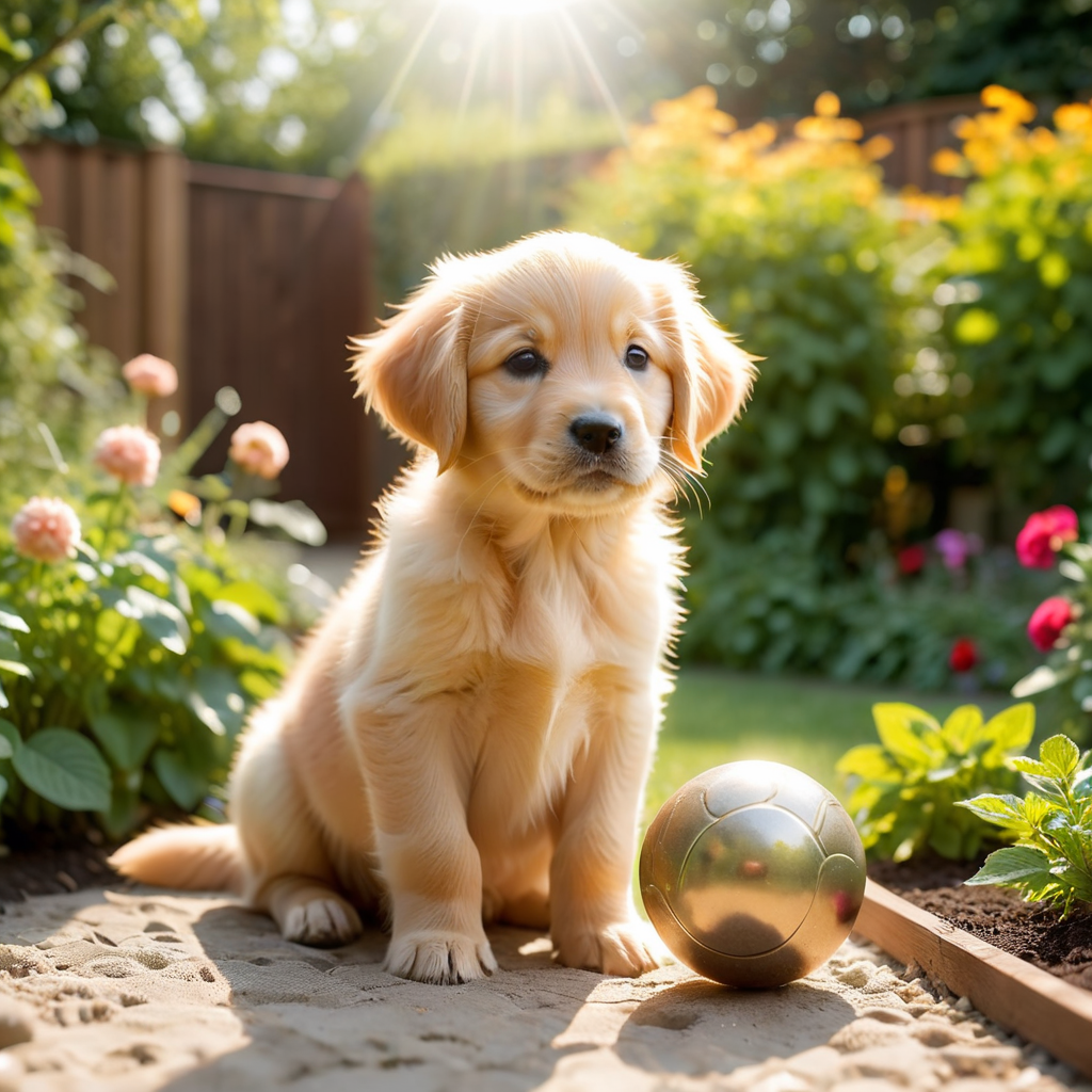 a tiny Golden retriever puppy playing with a ball in the garden, midday, summer, volumetric light,  <lora:add-detail-xl:3>