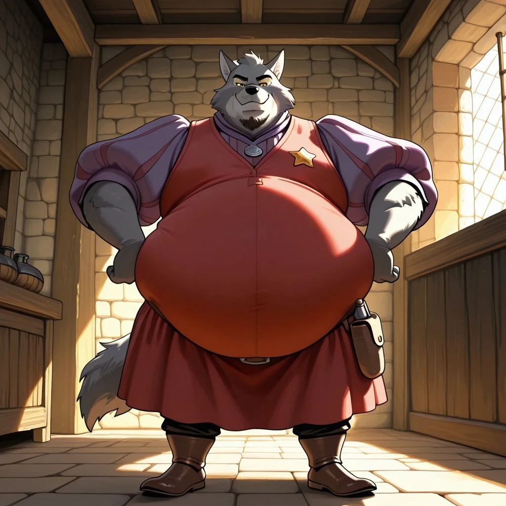 score_9, score_8, score_8_up, mature male, sheriff of notthingam, wolf, grey fur, black eyes, yellow esclera, obese, double chin, flabby arms, belly overhang, fat legs, fully clothed, red vest, purple puffy sleeves, medieval shoes, brown  belt, standing, looking at viewer, room, medieval fantasy, indoors, smug face, solo, front view, full body view, heavily detailed, amazing background, masterpiece, 4k, 8k, hd, absurd res,