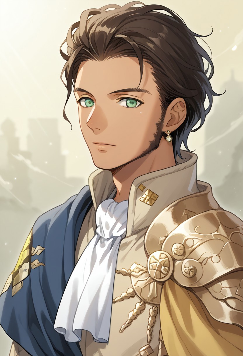 masterpiece,best quality,amazing quality, source_anime,
ClaudeVonRiegan, 1boy, male focus, solo, green eyes, brown hair, dark-skinned male, jewelry, earrings, aged up, facial hair, ascot, white ascot, single shoulder armor, cape, yellow cape, jacket, brown jacket, portrait