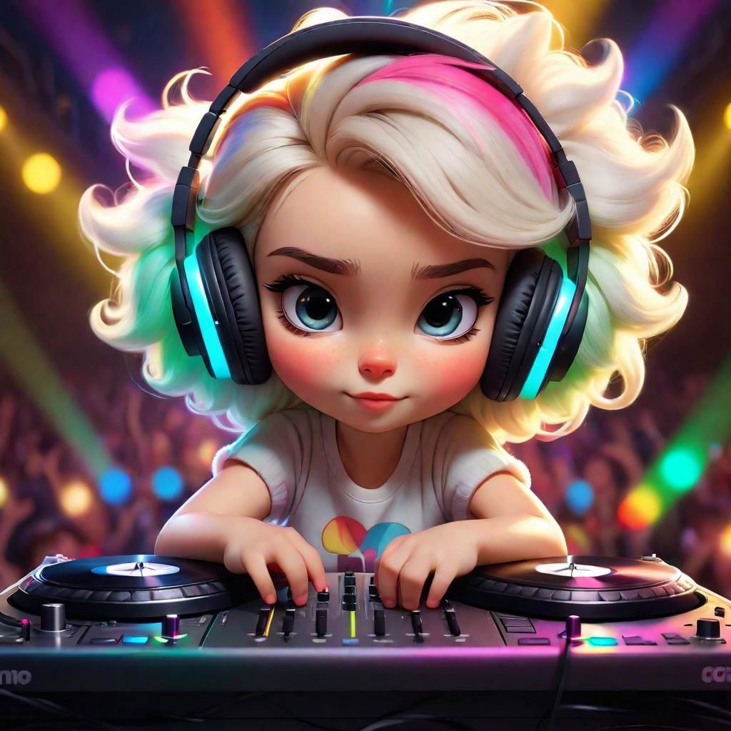 Imagine the most adorable fluffy cartoon girl with a tiny top, who stands behind the decks with oversized headphones, ready to spin some tunes. As the spotlight hits her, the audience,, gathers around in excitement. Describe the scene as she starts mixing tracks, with colorful lights pulsating to the rhythm. How does the audience react? What kind of music is she playing, and how does it make everyone feel? Dive into the vibrant atmosphere, capturing the essence of joy, rhythm, and the magical connection between music and the cartoon world.
 intense, photorealistic lighting and cinematic lighting quality,  (sharp focus), backlighting, photo realistic, highly  detailed,
a colorized photo, RAW format, 8K photorealistic image, superflat, 4k, ultra hd, high resolution , UHD, shot with a professional DSLR camera like Fujifilm XT3, Sony A7IV, Nikon D850, Sony A9 II, Canon EOS R5,
The final image should be a professional, award-winning masterpiece with (sharp focus:1.2),, (intricately detailed, hyperdetailed), HDR, (extremely detailed 8k wallpaper), high quality, intense, intricate, highly detailed, octane render, fine detail, ultra realistic, crisp, super sharp, studio quality, masterpiece, best quality, UHD, Film grain, photorealistic, trending on cg society