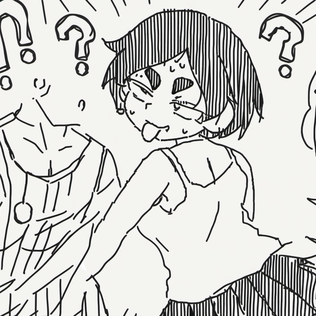 tongue, piercing, school uniform, cleavage, looking back, thick eyebrows, bangs, tank top, male focus, !?, sketch, pleated skirt, sweating profusely