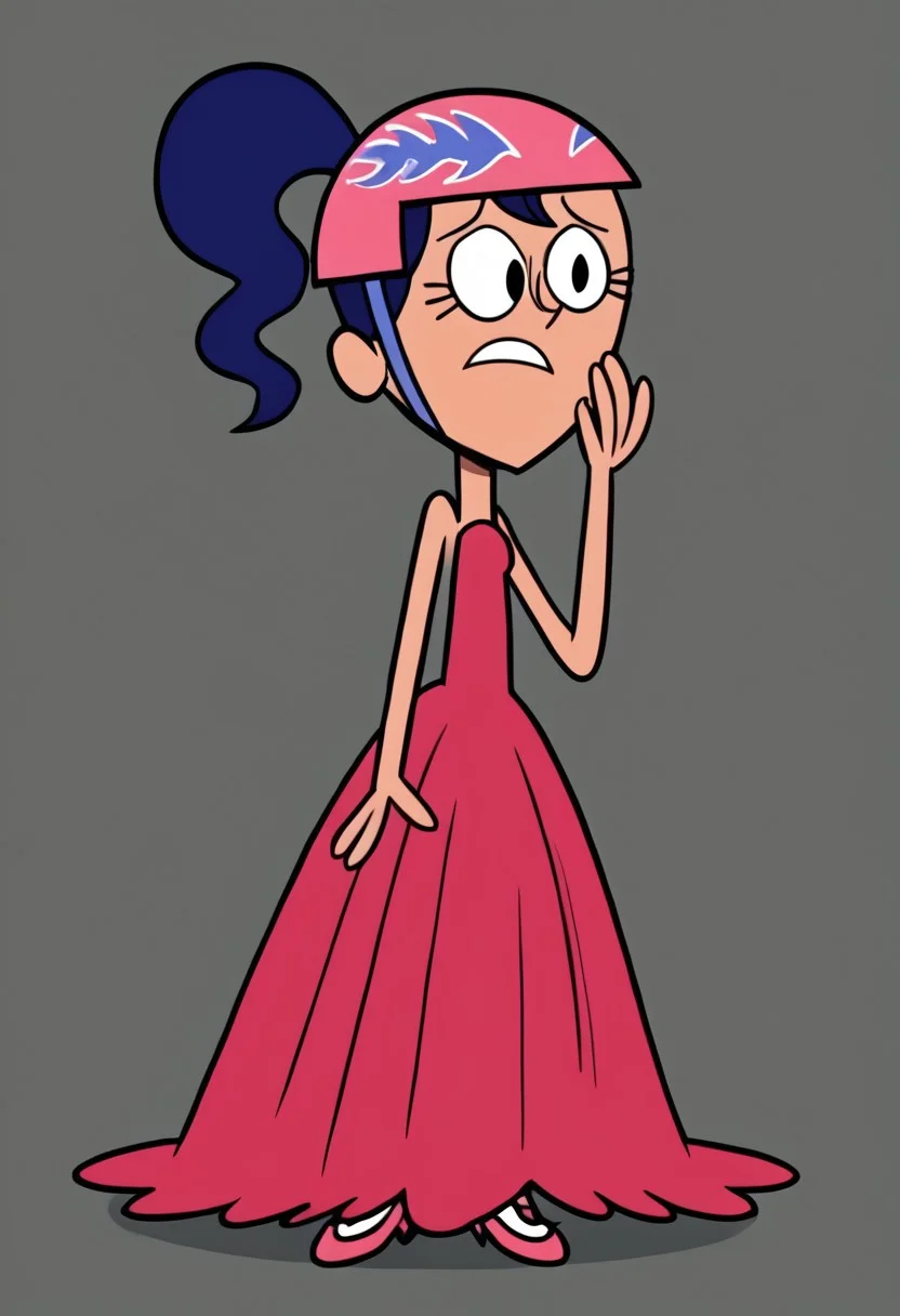 ponytail, blue hair, helmet, parody, pink, dress, red, sleeveless back gown, hoopdress, Ba11g0wn, full body, poofy dress