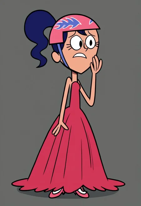 ponytail, blue hair, helmet, parody, pink, dress, red, sleeveless back gown, hoopdress, Ba11g0wn, full body, poofy dress