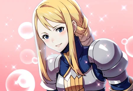 score_9, score_8_up, score_7_up, source_anime, BREAK, solo, 1girl, smile, looking at viewer, <lora:FEA-S-Rank-pdxl_Fp:1>, pink background, sparkle, bubble, <lora:agrias-pdxl-nvwls-v1:1>, agrias, blonde hair, braided ponytail, shoulder armor, armor, corset,