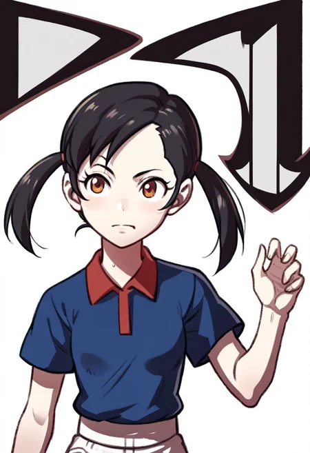 score_9, score_8_up, score_7_up, source_anime BREAK 1girl, solo, awakeningportraits, portraits, white background, plum,blue shirt, polo shirt, red collar, shorts,black hair,short twintails, simple background