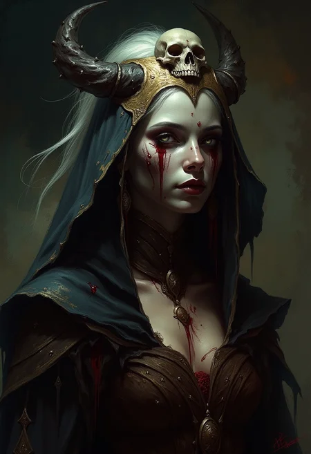 An atmospheric and powerful dark fantasy, natural organic and impressionist classical-style painting of a woman is wearing a costume that has blood dripping down her face. Her face is painted white and red. Her hair is white and long and is sticking out of her head. There is a skull on top of her hat. The hat is made of metal and has horns on it. The woman is also wearing a necklace that has a gold pendant.