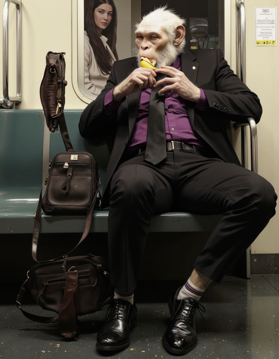 ZooPolis art. A surreal digital illustration shoot from the side about a surreal depiction of a male anthropomorphic monkey in a suit sitting on a subway train, holding a banana in one hand and a briefcase in the other. the image also shows a woman with long dark hair sitting in the background, partially visible through the train window. on the middle of the image, a mature male, who appears to be a man, with a serious expression, sits on a train seat, wearing a black suit, a purple shirt, a black tie, black pants, and black shoes, with striped socks on his feet. he is holding a black bag in his left hand and eating a banana, with his right hand holding a piece of fruit in his mouth. the man has a white fur on his head and a long white beard, and his eyes are looking directly at the viewer. he has a slim body and a mischievous expression.