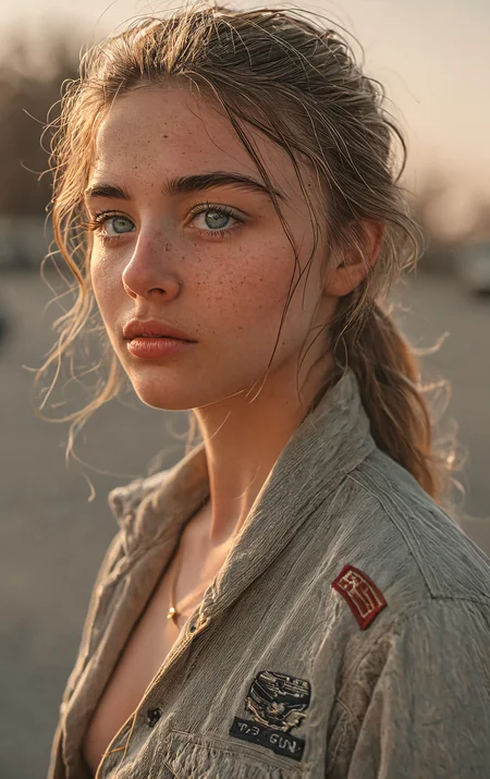 23 year old woman, top gun. golden hour, RAW, 35mm photograph, film, bokeh, professional, 4k, highly detailed,pale blue eyes,mesmerizing