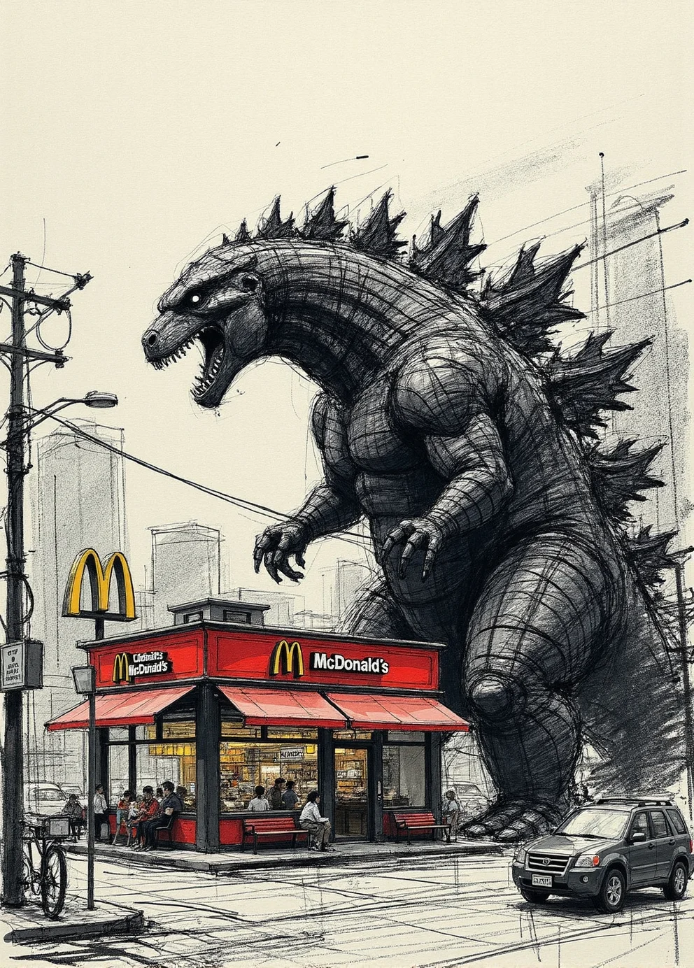 <lora:ck-charcoal-drawing-000014:1>, sketch in the style of ck-ccd, featuring godzilla attacking a mcdonald's restaurant. background is an urban city