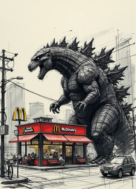<lora:ck-charcoal-drawing-000014:1>, sketch in the style of ck-ccd, featuring godzilla attacking a mcdonald's restaurant. background is an urban city