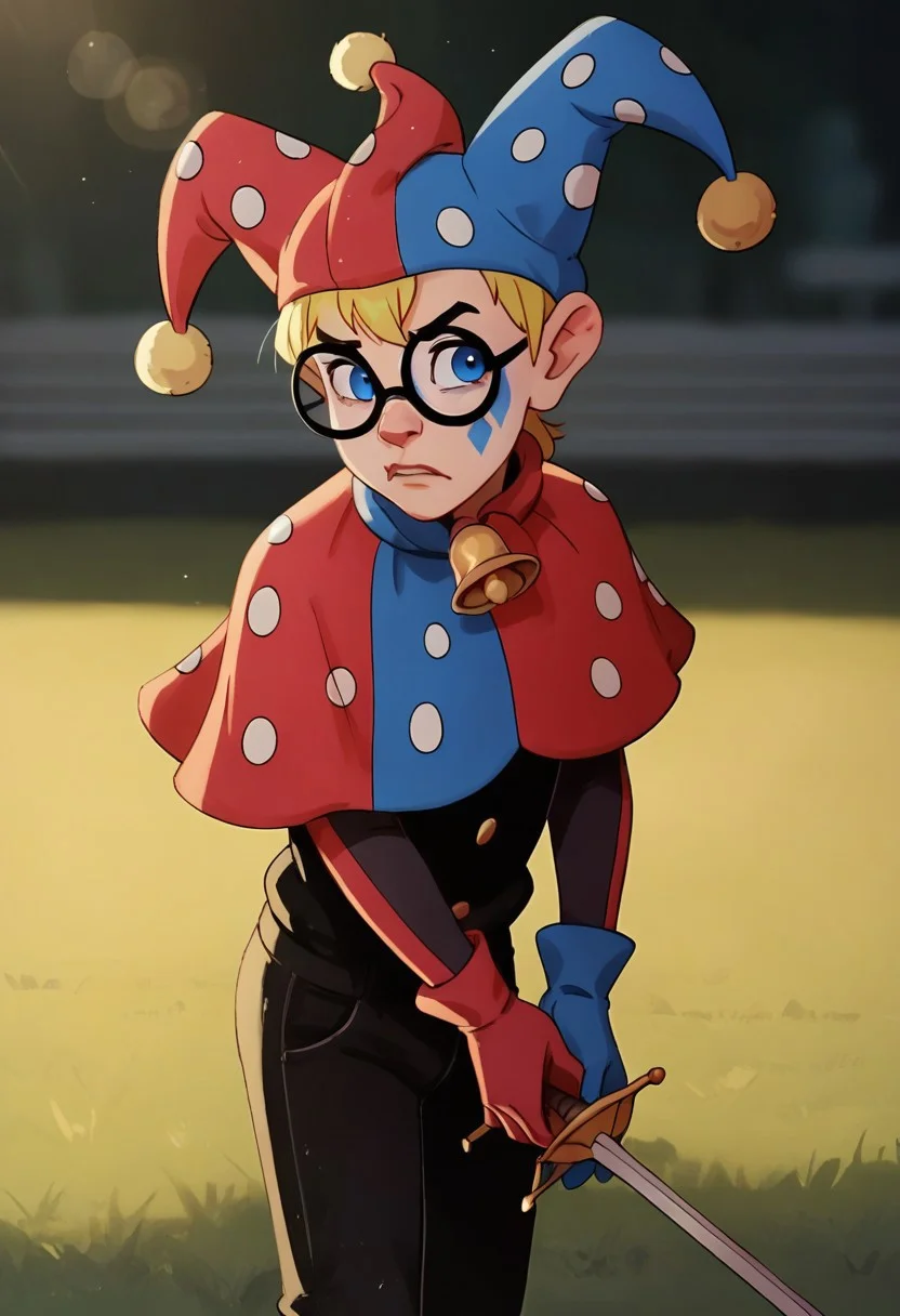 score_9, score_8, score_7, richardpagemaster, solo,1boy, blonde hair, blue eyes, round eyewear, facepaint, jester, jester cap, leather pants, capelet, bell, gloves, alber_guard, longsword, two-handed, two-handed sword BREAK arena, fisheye, bokeh, solar glare, score_9, score_8_up, score_7_up, score_6_up, score_5_up, score_4_up,
