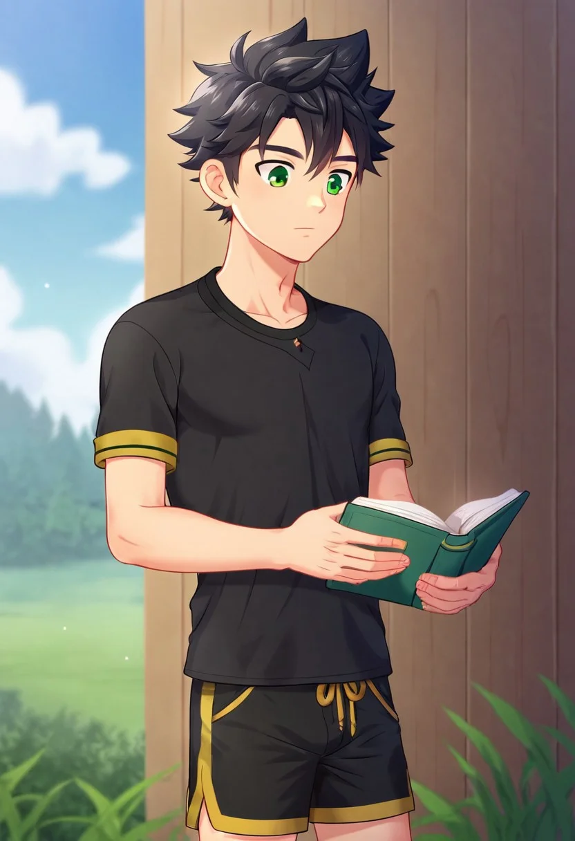 connor, black hair, bangs. spiky hair, short hair, green eyes, camp buddy, boy, solo, young man, lean body, wear black shirt, wear black shorts, reading a book, outdoor, sunny day, clear sky, solo focus, avarage height, balanced shape top and bottom,