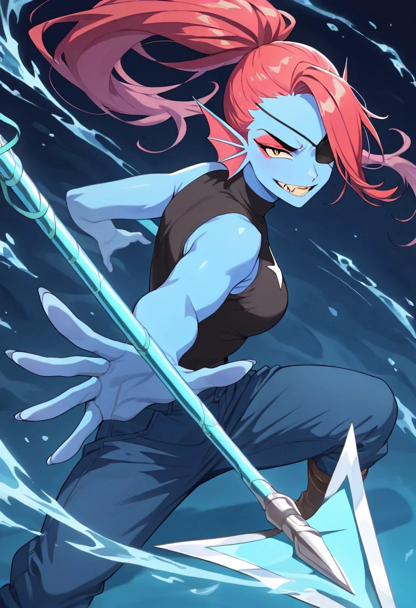 masterpiece, best quality, newest, absurdres, highres, anime, anime style, DPDV1.0, dynamic pose, polearm, holding polearm, holding weapon, weapon,
1girl, undyne, eyepatch, head fins, red hair, blue skin, blue colored skin, colored skin,
spear, holding spear,